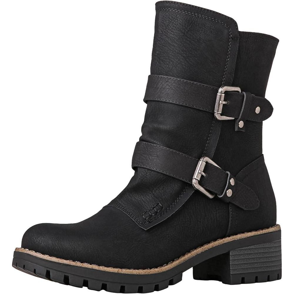 imageGLOBALWIN Lace up Mid Calf Motorcycle Fashion Festival Boots Combat Riding Military Boots for Women19yy19black