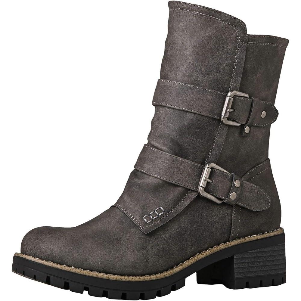 imageGLOBALWIN Lace up Mid Calf Motorcycle Fashion Festival Boots Combat Riding Military Boots for Women19yy19grey