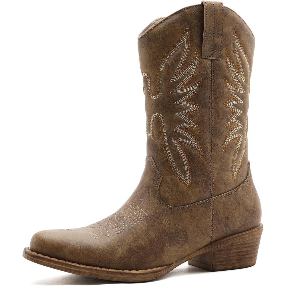 imageGLOBALWIN Square Toe Black Cowboy Boots For Women Cowgirl Western Boots With Low Heel Size 10MCamel