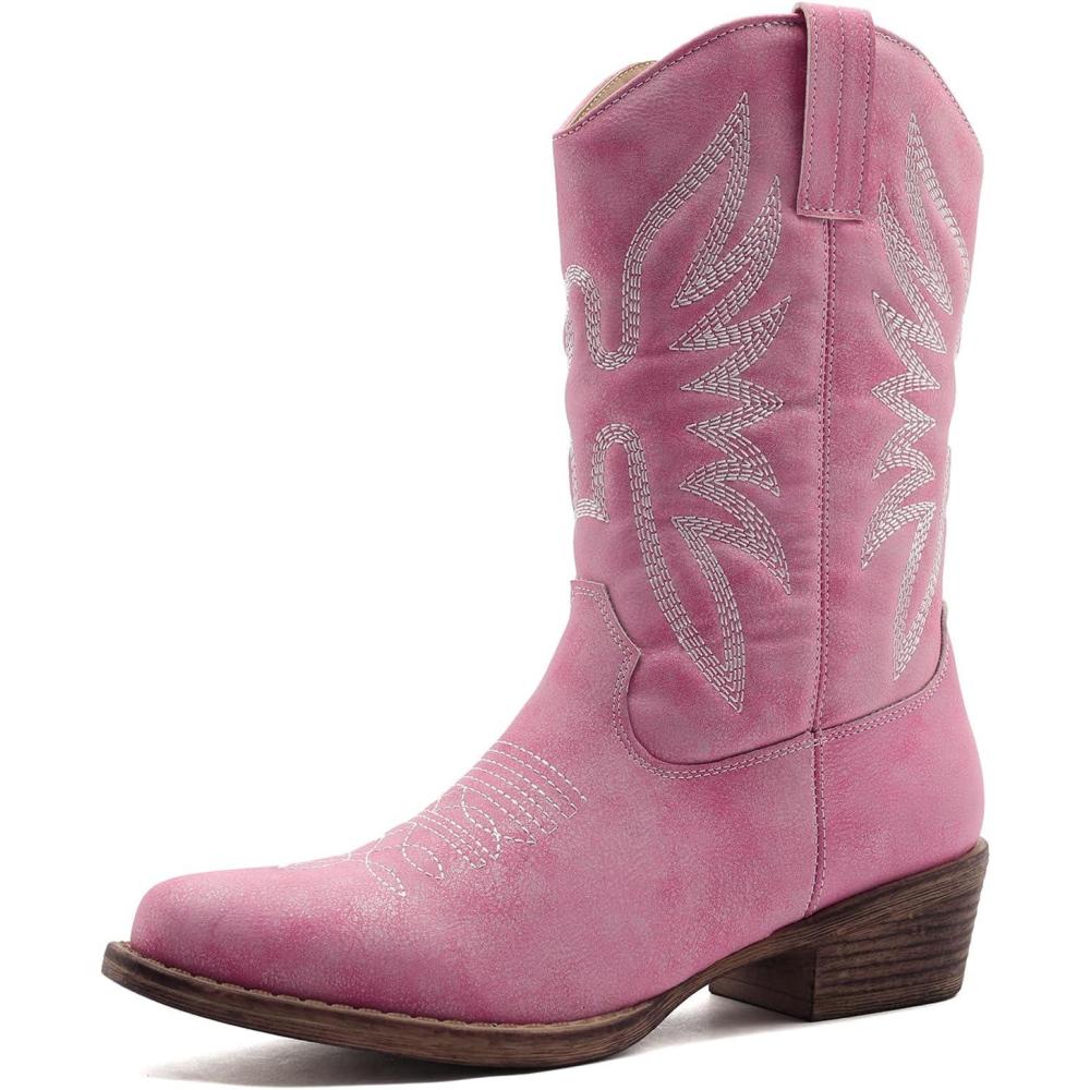 imageGLOBALWIN Square Toe Black Cowboy Boots For Women Cowgirl Western Boots With Low Heel Size 10MPink