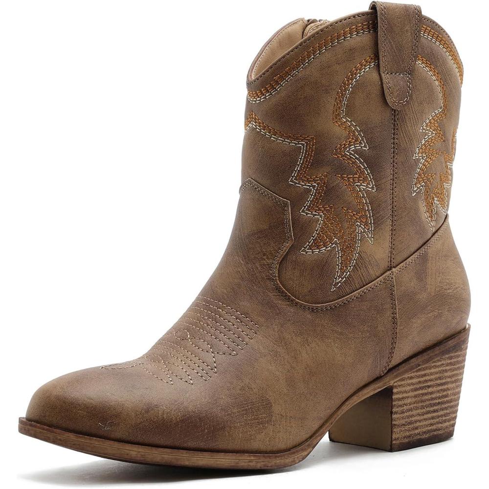 imageGLOBALWIN Womens Cowgirl Boots Ankle Brown Cowboy Boots With Embroidered Stitching Low Heel Comfortable Western Boots For Country Outfits25yy04 Camel