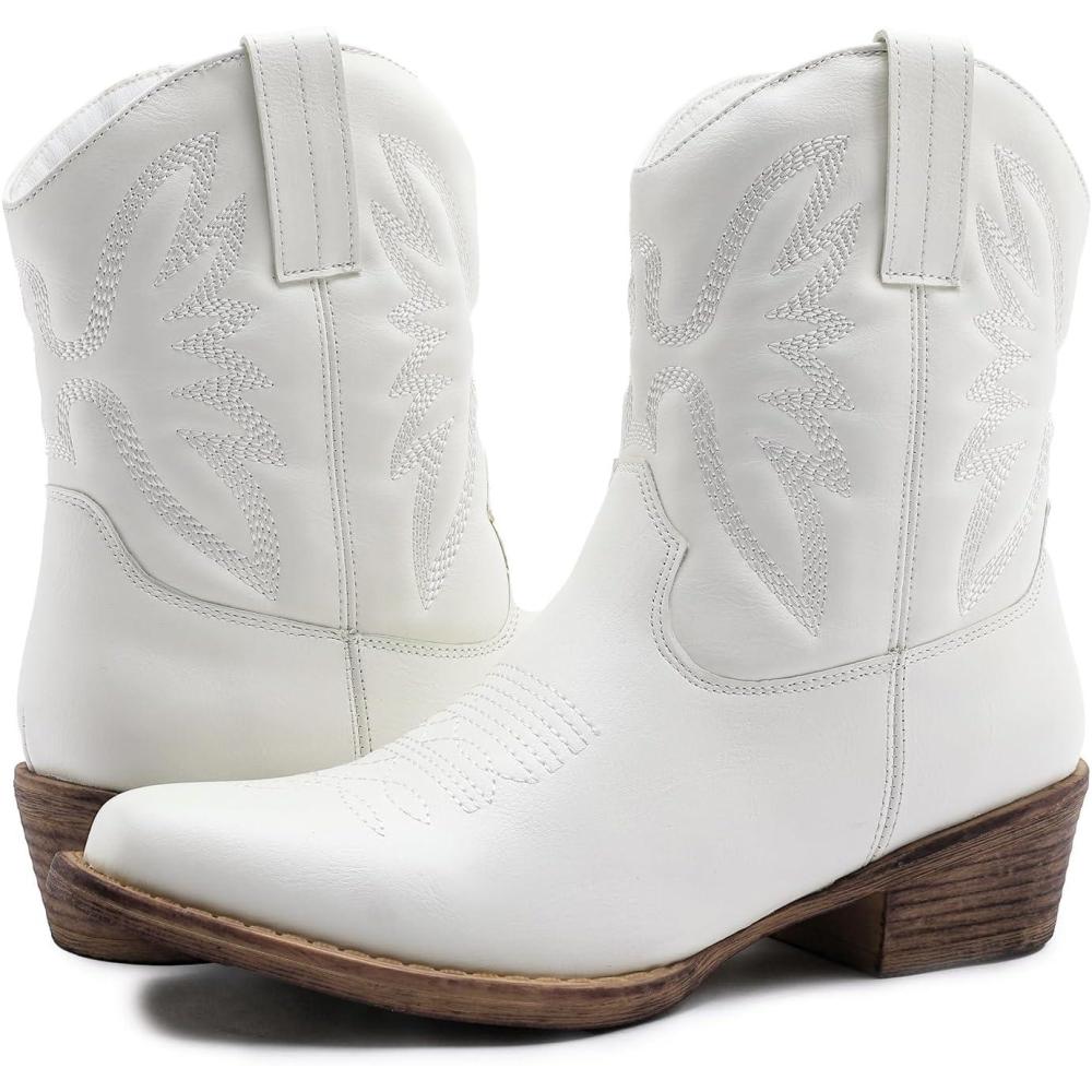 imageGLOBALWIN Womens Mid Calf The Western Cowboy Boots Fashion Cowgirl Boots For Women Low HeelWhite