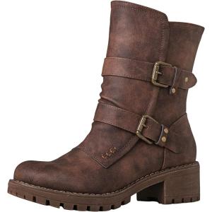 GLOBALWIN Lace up Mid Calf Motorcycle Fashion Festival Boots Combat Riding Military Boots for Women(19yy19brown)