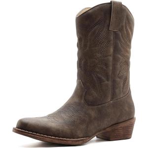 GLOBALWIN Square Toe Black Cowboy Boots For Women Cowgirl Western Boots With Low Heel Size 10M(25yy02brown)