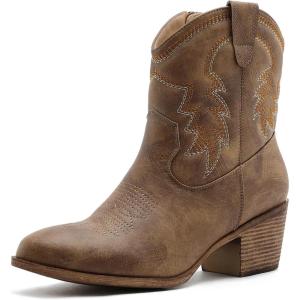 GLOBALWIN Women’s Cowgirl Boots Ankle Brown Cowboy Boots With Embroidered Stitching Low Heel Comfortable Western Boots For Country Outfits(25yy04 Camel)