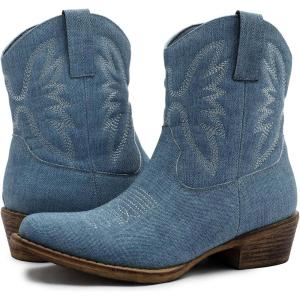 GLOBALWIN Women’s Mid Calf The Western Cowboy Boots Fashion Cowgirl Boots For Women Low Heel(Denim Blue)