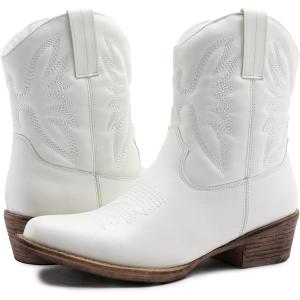 GLOBALWIN Women’s Mid Calf The Western Cowboy Boots Fashion Cowgirl Boots For Women Low Heel(White)