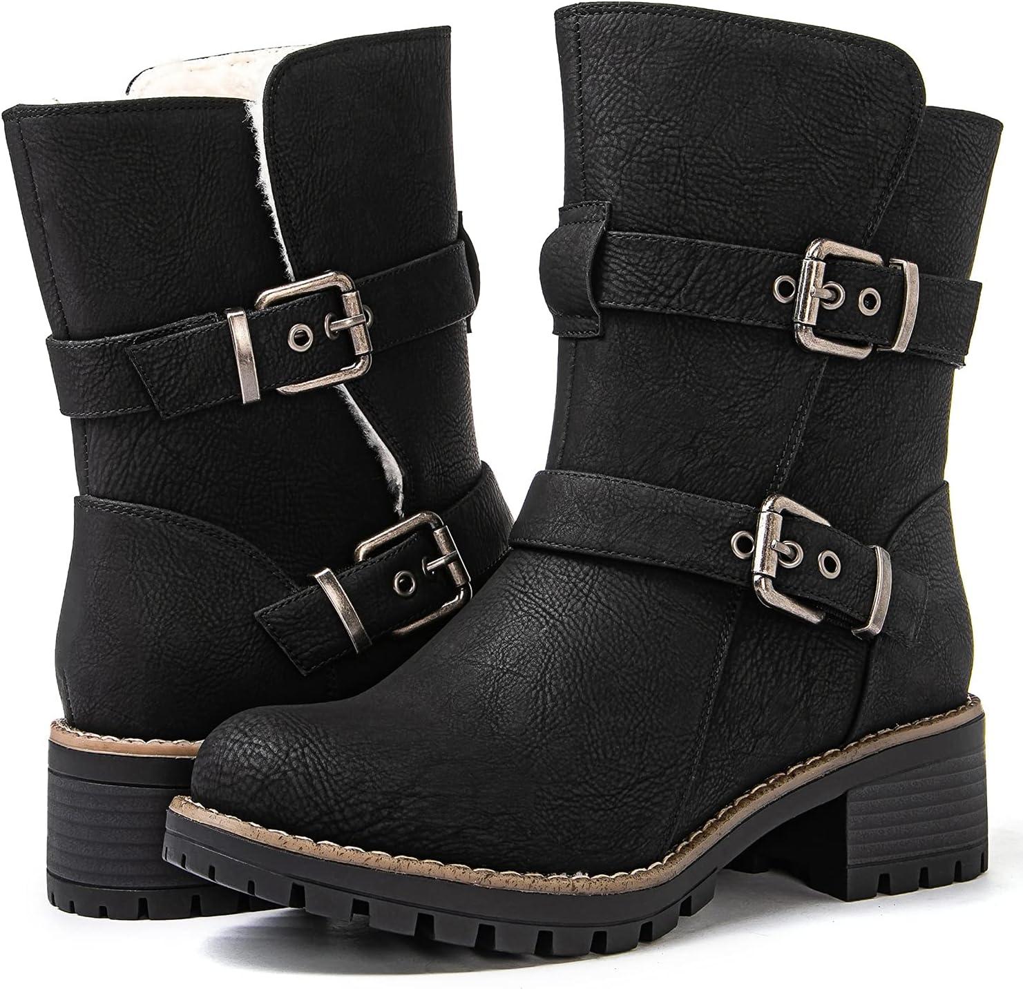 imageGLOBALWIN Womens Ankle Boots For Women Faux Fur Lined Winter Moto Boots Ankle Booties With Adjustable Double Buckles21yy07black