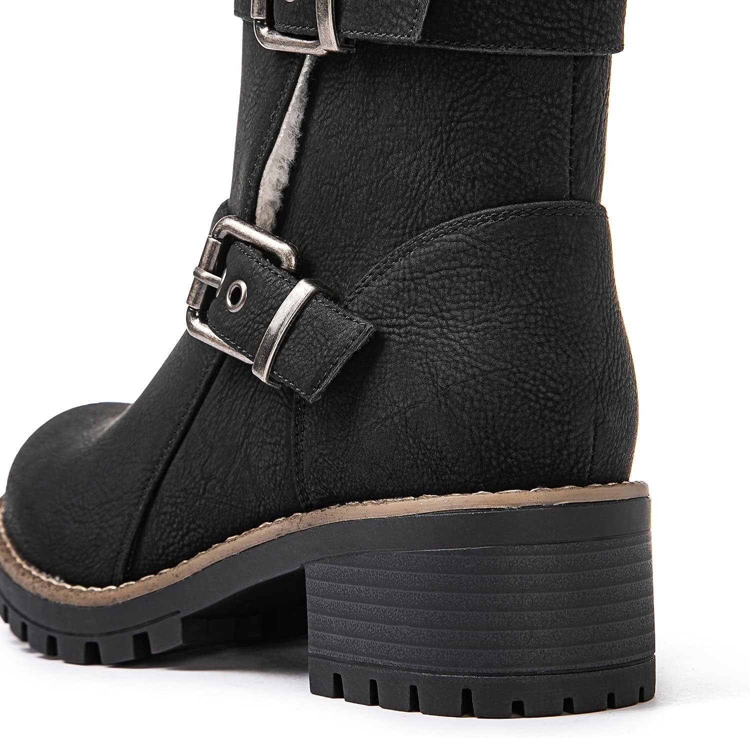imageGLOBALWIN Womens Ankle Boots For Women Faux Fur Lined Winter Moto Boots Ankle Booties With Adjustable Double Buckles21yy07black