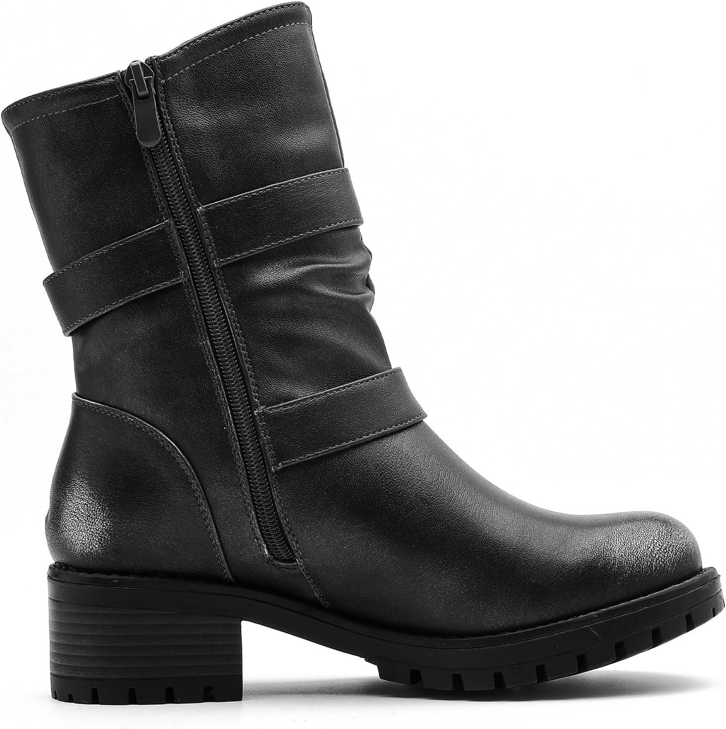 imageGLOBALWIN Womens Biker Boots Black GWW21YY13 Ankle Boots Bootie Zip Closure Block Heel AllDay Comfort Versatile Ethically Made21yy13 Distressed Silver