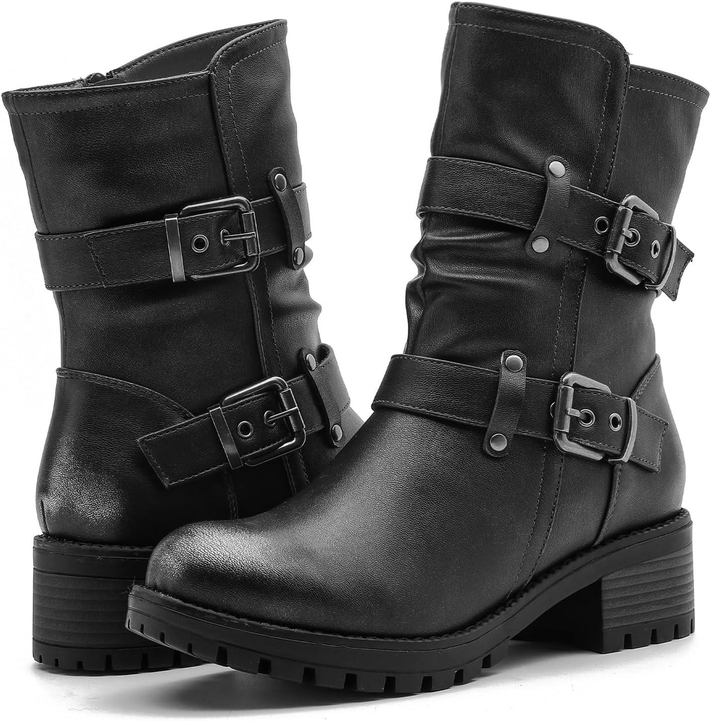 imageGLOBALWIN Womens Biker Boots Black GWW21YY13 Ankle Boots Bootie Zip Closure Block Heel AllDay Comfort Versatile Ethically Made21yy13 Distressed Silver