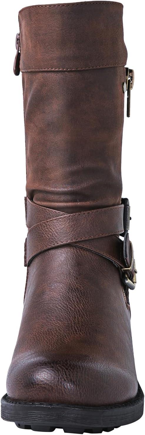 imageGLOBALWIN Womens Fall Fashion Biker Boots Mid Calf Boots For Women Low Heel18yy05 Brown
