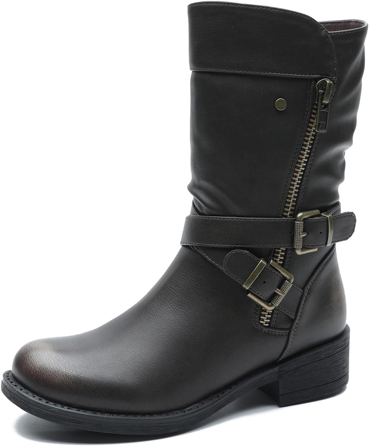 imageGLOBALWIN Womens Fall Fashion Biker Boots Mid Calf Boots For Women Low Heel18yy05 Distressed Brown