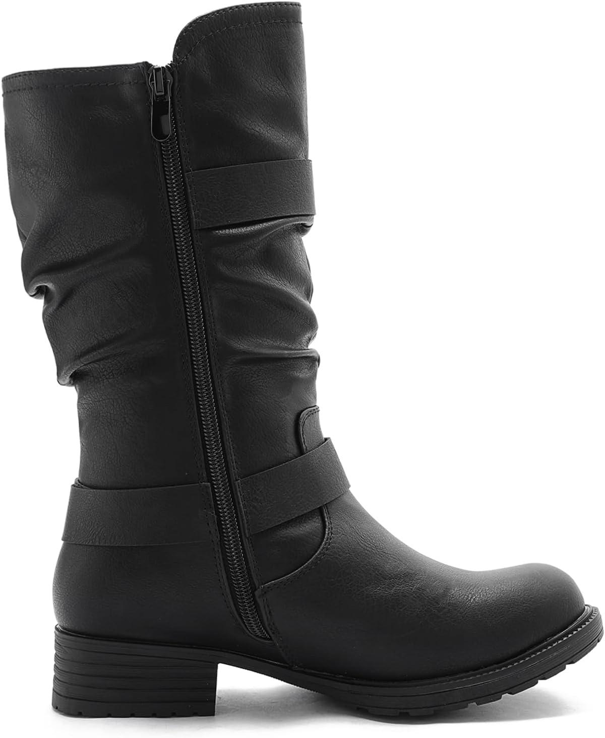 imageGLOBALWIN Womens Mid Calf Boots Fashion Moto Boots For Women With Buckle Straps Side Zipper And Low Block Heel Biker Boots For Fall Spring WinterBlack