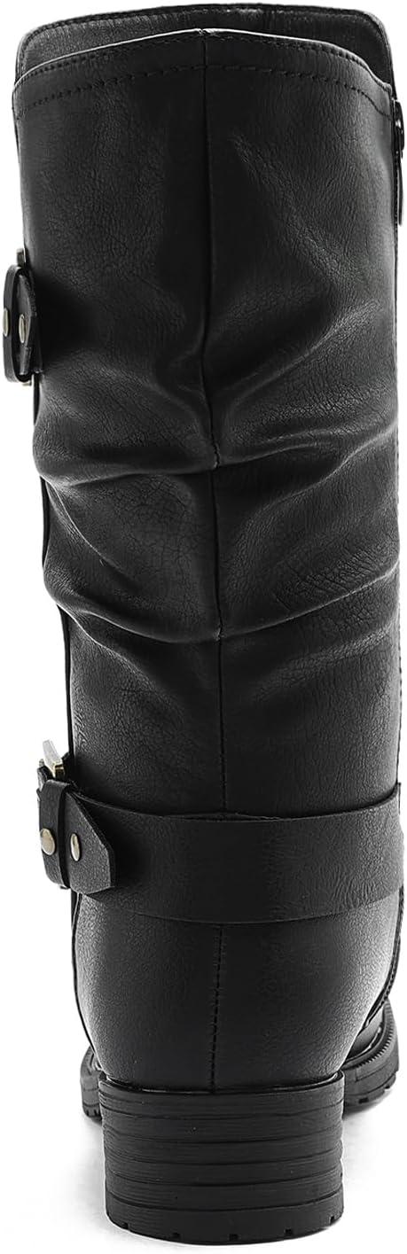 imageGLOBALWIN Womens Mid Calf Boots Fashion Moto Boots For Women With Buckle Straps Side Zipper And Low Block Heel Biker Boots For Fall Spring WinterBlack