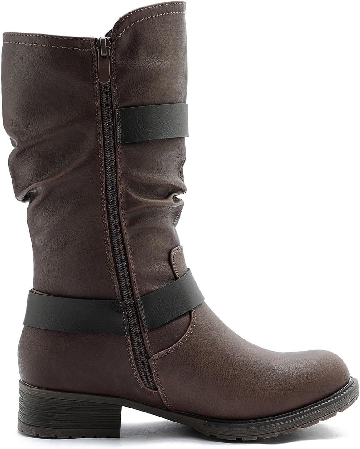 imageGLOBALWIN Womens Mid Calf Boots Fashion Moto Boots For Women With Buckle Straps Side Zipper And Low Block Heel Biker Boots For Fall Spring WinterBrown