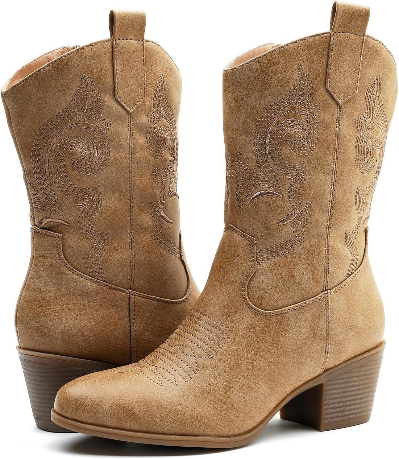imageGLOBALWIN Womens Mid Calf The Western Cowgirl Boots Fashion Cowboy Boots For Women Chunky Low Heel19yy17khaki