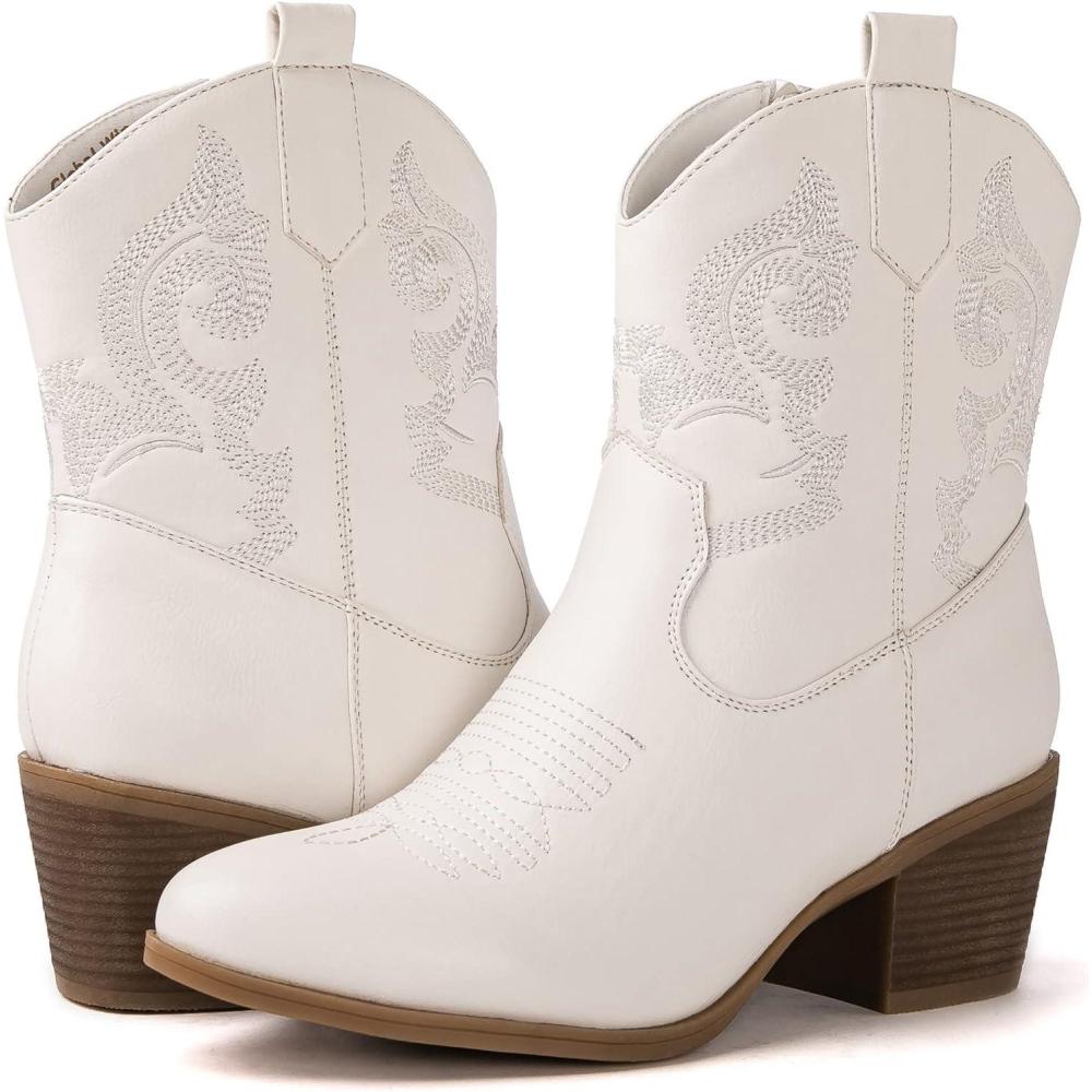 imageGLOBALWIN Cowboy Boots for Women Classic Round Toe Western Booties with Comfort Insole Embroidered Almond Toe Cowgirl Boots Versatile 2 Block Heel Fashion Boots for Concerts amp Daily Wear19yy16 White