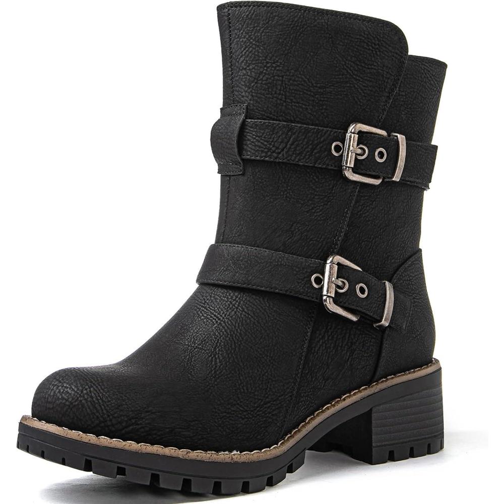 imageGLOBALWIN Womens Ankle Boots For Women Faux Fur Lined Winter Moto Boots Ankle Booties With Adjustable Double Buckles21yy07black
