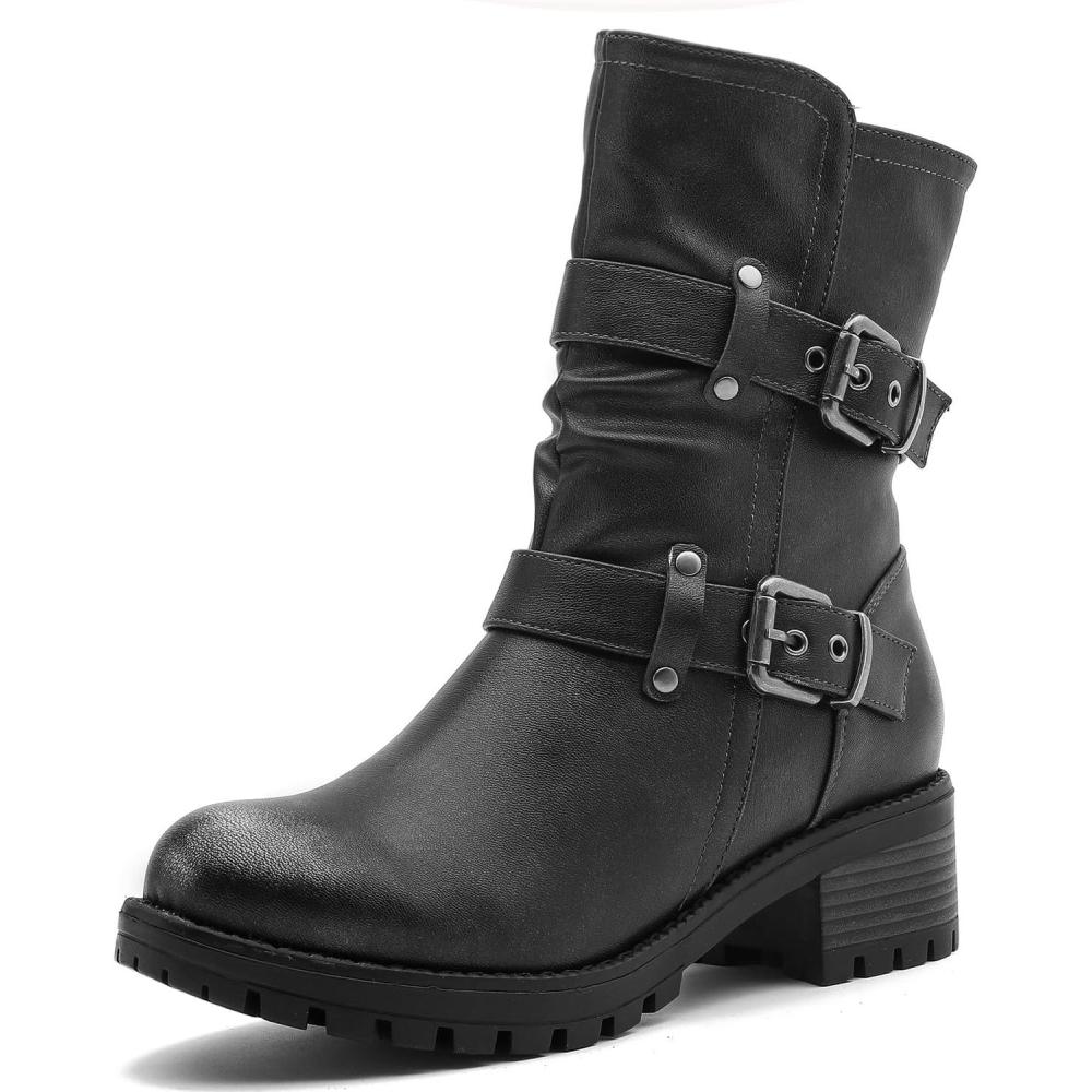 imageGLOBALWIN Womens Biker Boots Black GWW21YY13 Ankle Boots Bootie Zip Closure Block Heel AllDay Comfort Versatile Ethically Made21yy13 Distressed Silver