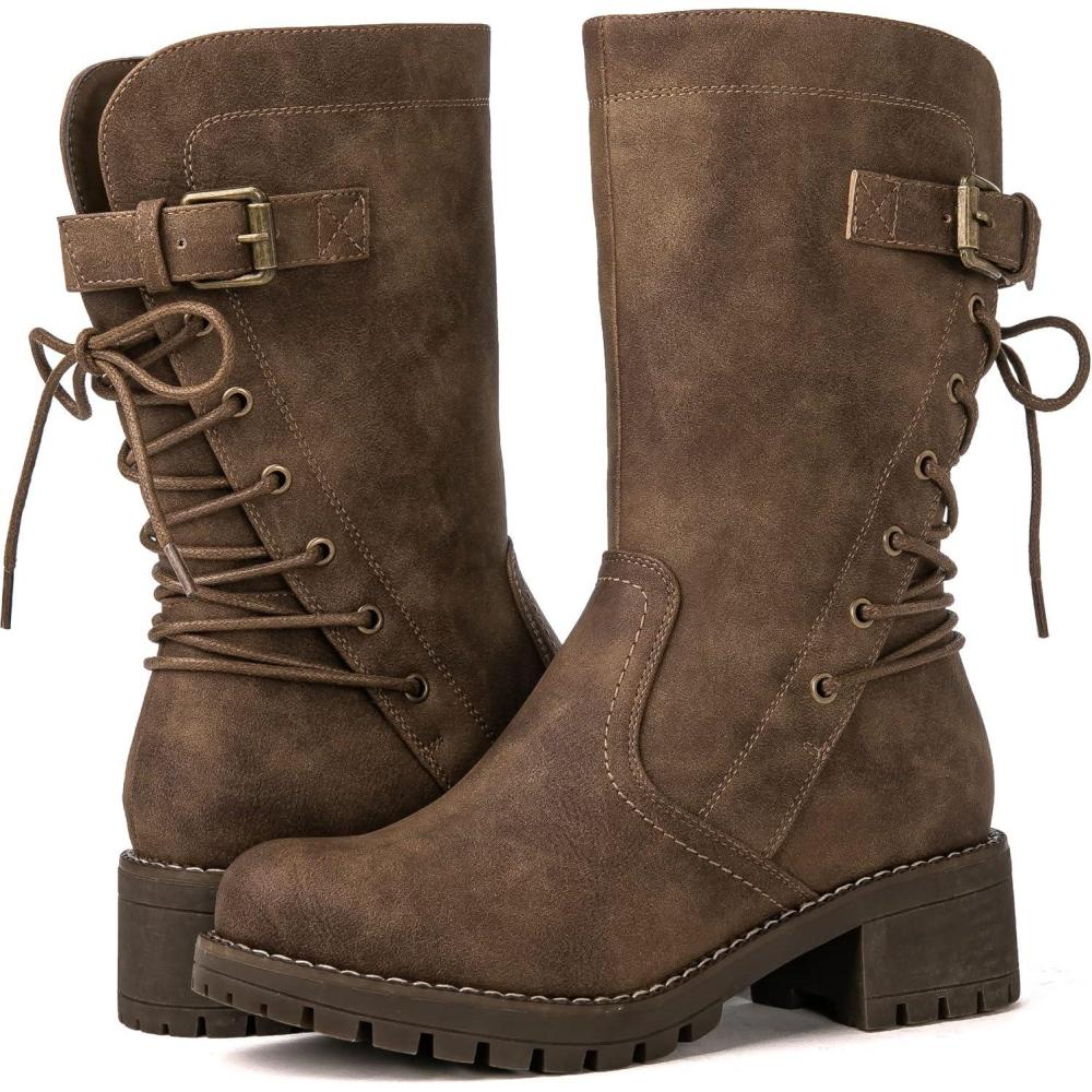 imageGLOBALWIN Womens Biker Boots Lace up Back Mid Calf Motorcycle Fashion Festival Boots Combat Riding Military Boots for Women19yy19 Camel2