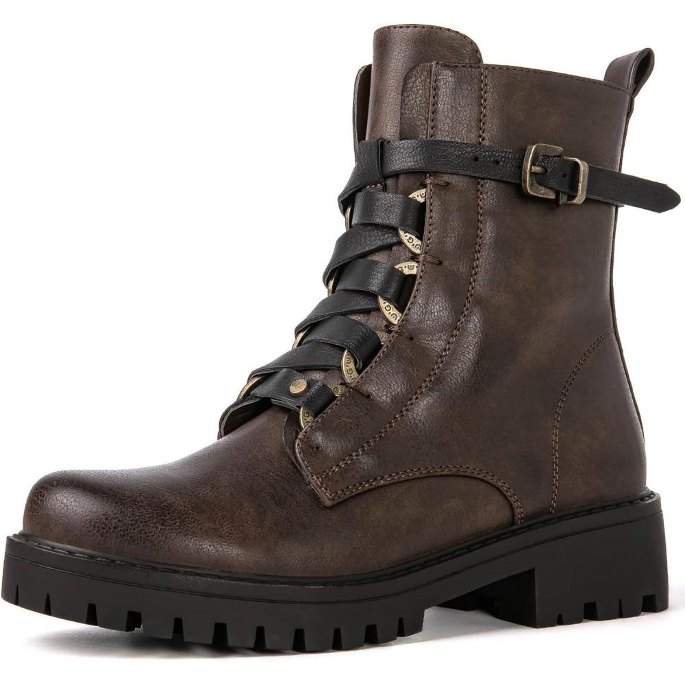 imageGLOBALWIN Womens Combat Boots Lace Up Boots For Women Ankle Booties For Women Low Heel22yy03 Brown