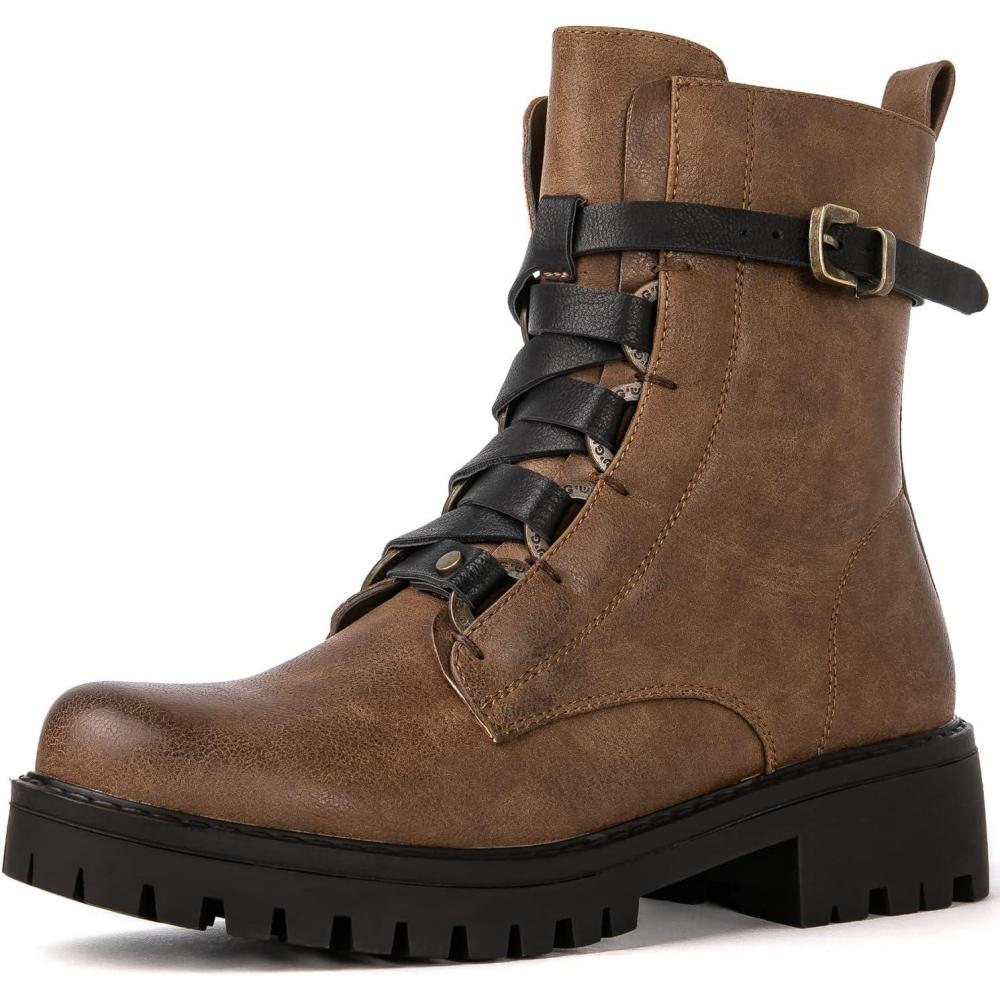 imageGLOBALWIN Womens Combat Boots Lace Up Boots For Women Ankle Booties For Women Low Heel22yy03 Camel