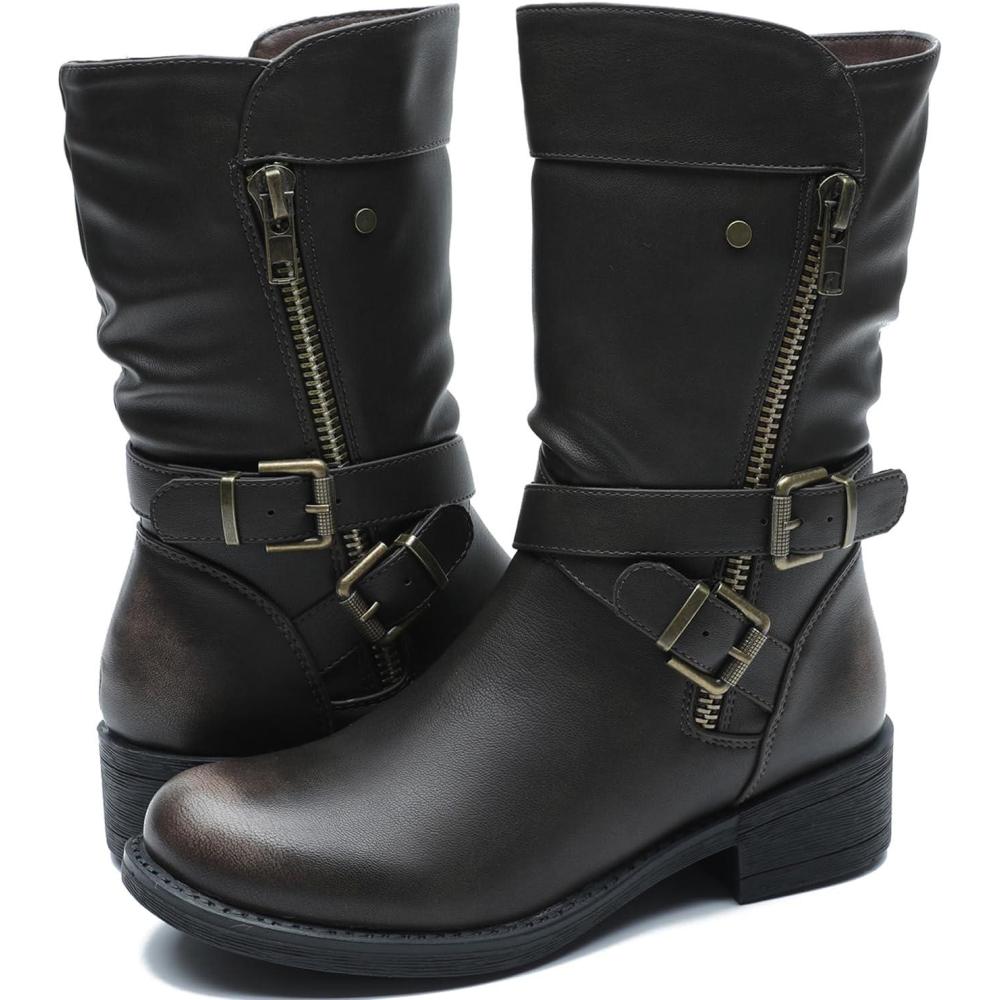 imageGLOBALWIN Womens Fall Fashion Biker Boots Mid Calf Boots For Women Low Heel18yy05 Distressed Brown
