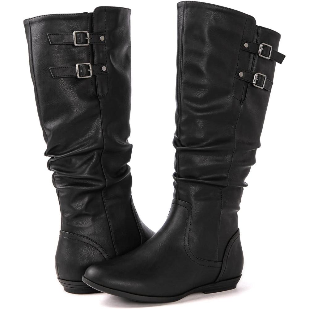 imageGLOBALWIN Womens KneeHigh Fashion Boots Wide Calf Flat Dressy Fall Winter Fashion Boots For Women22yy01 Black