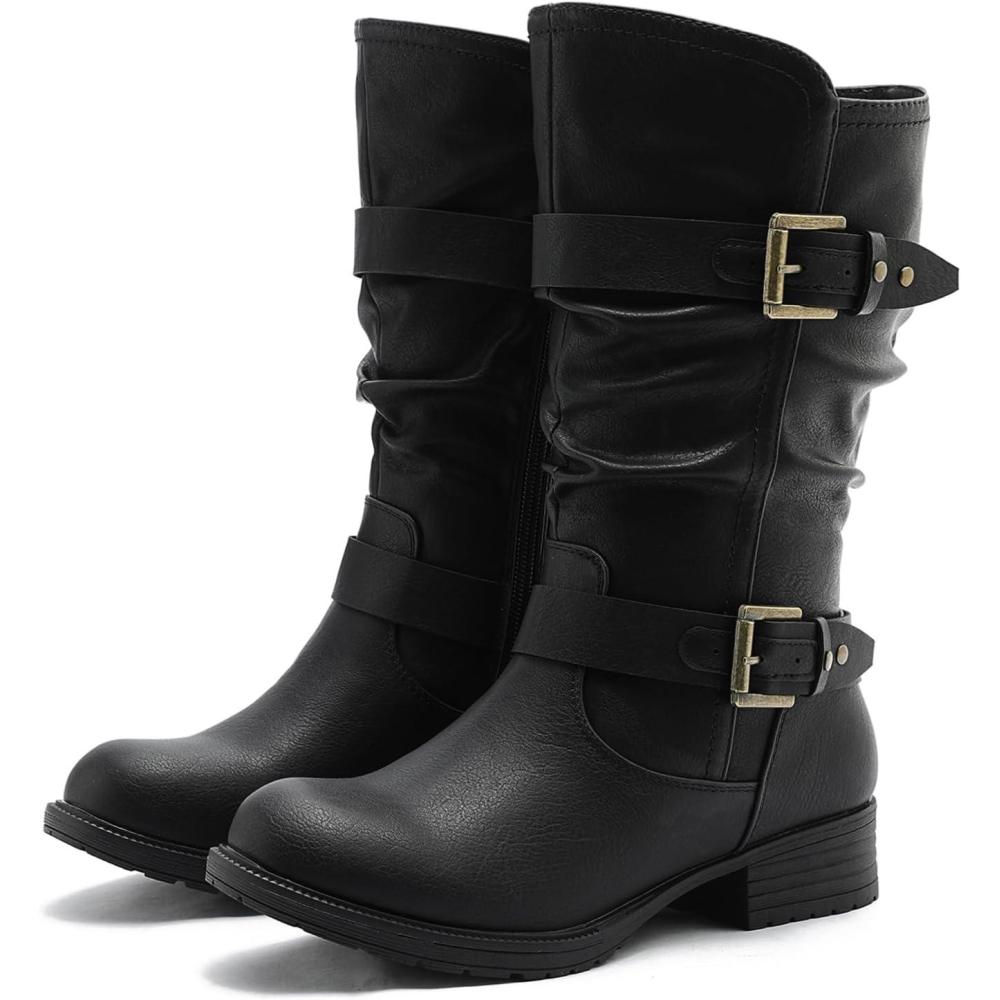 imageGLOBALWIN Womens Mid Calf Boots Fashion Moto Boots For Women With Buckle Straps Side Zipper And Low Block Heel Biker Boots For Fall Spring WinterBlack
