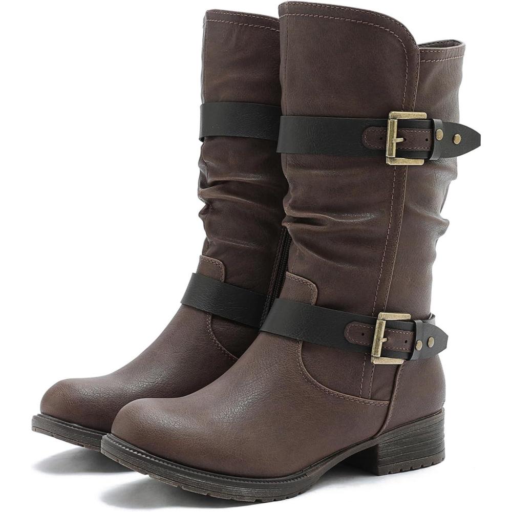 imageGLOBALWIN Womens Mid Calf Boots Fashion Moto Boots For Women With Buckle Straps Side Zipper And Low Block Heel Biker Boots For Fall Spring WinterBrown