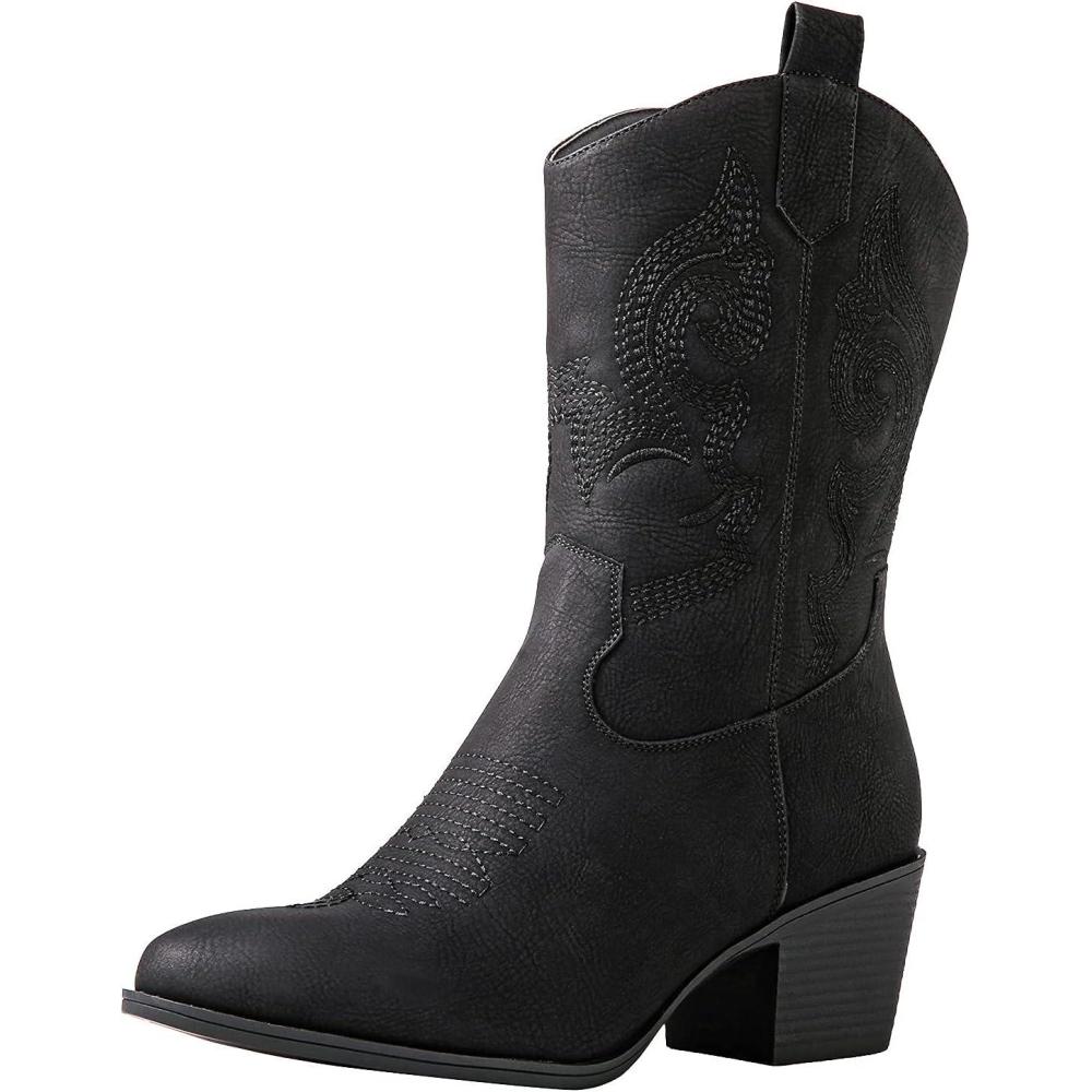 imageGLOBALWIN Womens Mid Calf The Western Cowgirl Boots Fashion Cowboy Boots For Women Chunky Low Heel19yy17black