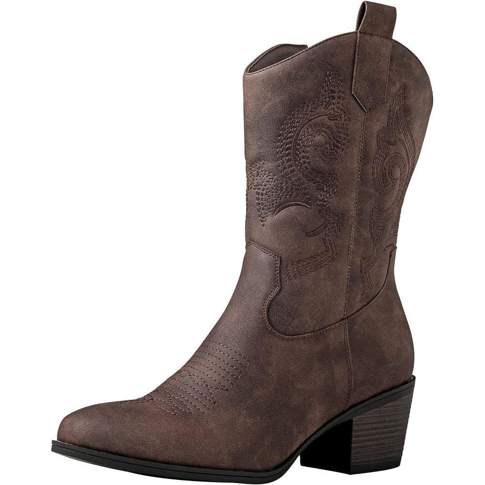 imageGLOBALWIN Womens Mid Calf The Western Cowgirl Boots Fashion Cowboy Boots For Women Chunky Low Heel19yy17brown