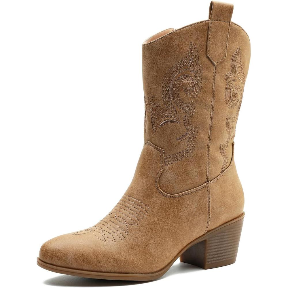 imageGLOBALWIN Womens Mid Calf The Western Cowgirl Boots Fashion Cowboy Boots For Women Chunky Low Heel19yy17khaki