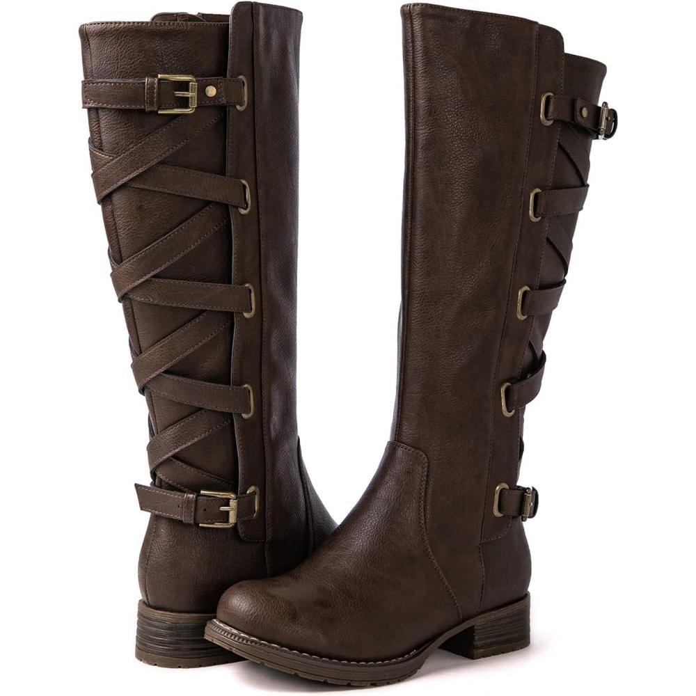 imageGLOBALWIN Womens Quilted Knee High Fashion Boots Strappy Boots For Women21yy10 Brown3