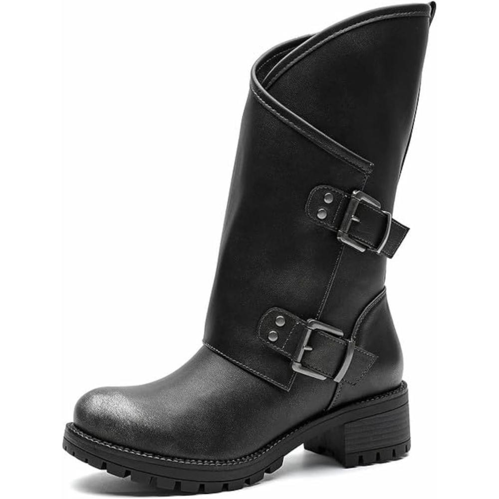 imageGLOBALWIN Womens The Twisted Rider Motorcycle Boots MidCalf Fashion Boots For Women Low Heel18yy01 Distressed Silver