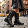 GLOBALWIN Women’s Fall Fashion Biker Boots Mid Calf Boots For Women Low Heel(18yy05 Black)