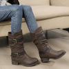 GLOBALWIN Women’s Mid Calf Boots Fashion Moto Boots For Women With Buckle Straps, Side Zipper, And Low Block Heel – Biker Boots For Fall Spring Winter(Brown)