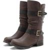 GLOBALWIN Women’s Mid Calf Boots Fashion Moto Boots For Women With Buckle Straps, Side Zipper, And Low Block Heel – Biker Boots For Fall Spring Winter(Brown)