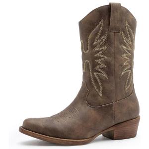 GLOBALWIN Black Cowboy Boots For Women Cowgirl Boots With Low Heel Comfortable Embroidered Western Boots Snip Toe Mid-Calf Boots(Brown)