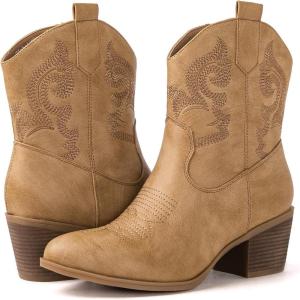 GLOBALWIN Cowboy Boots for Women – Classic Round Toe Western Booties with Comfort Insole – Embroidered Almond Toe Cowgirl Boots, Versatile 2″ Block Heel Fashion Boots for Concerts & Daily Wear(19yy16 Khaki)