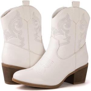 GLOBALWIN Cowboy Boots for Women – Classic Round Toe Western Booties with Comfort Insole – Embroidered Almond Toe Cowgirl Boots, Versatile 2″ Block Heel Fashion Boots for Concerts & Daily Wear(19yy16 White)