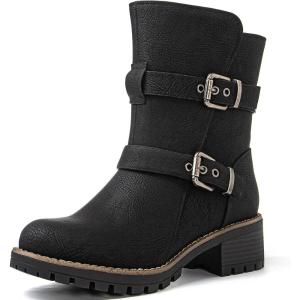 GLOBALWIN Women’s Ankle Boots For Women Faux Fur Lined Winter Moto Boots Ankle Booties With Adjustable Double Buckles(21yy07black)