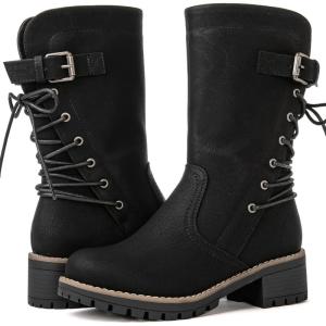 GLOBALWIN Women’s Biker Boots Lace up Back Mid Calf Motorcycle Fashion Festival Boots Combat Riding Military Boots for Women(19yy19 Black2)