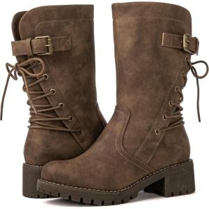 GLOBALWIN Women’s Biker Boots Lace up Back Mid Calf Motorcycle Fashion Festival Boots Combat Riding Military Boots for Women(19yy19 Camel2)
