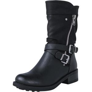 GLOBALWIN Women’s Fall Fashion Biker Boots Mid Calf Boots For Women Low Heel(18yy05 Black)