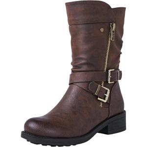 GLOBALWIN Women’s Fall Fashion Biker Boots Mid Calf Boots For Women Low Heel(18yy05 Brown)