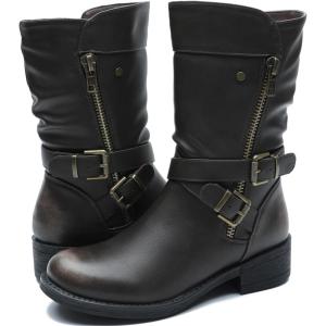 GLOBALWIN Women’s Fall Fashion Biker Boots Mid Calf Boots For Women Low Heel(18yy05 Distressed Brown)