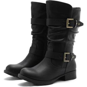 GLOBALWIN Women’s Mid Calf Boots Fashion Moto Boots For Women With Buckle Straps, Side Zipper, And Low Block Heel – Biker Boots For Fall Spring Winter(Black)