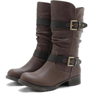 GLOBALWIN Women’s Mid Calf Boots Fashion Moto Boots For Women With Buckle Straps, Side Zipper, And Low Block Heel – Biker Boots For Fall Spring Winter(Brown)